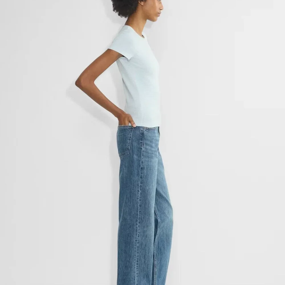 Aritzia HomeStretch™ Rib Crew T-Shirt in Dew Blue/White NWT - Picture 3 of 6